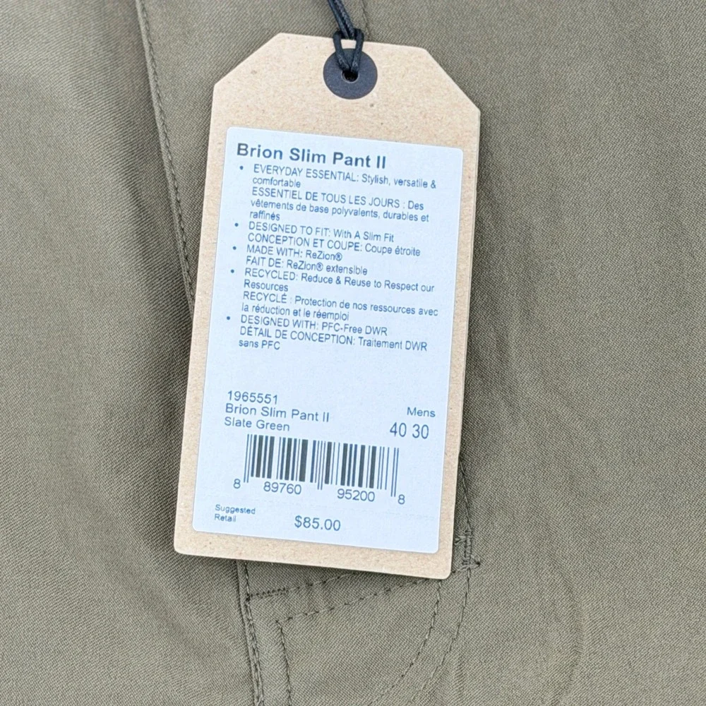 Prana Brion Slim Pant II Slate Green 40x30 Mens Tapered Leg ReZion 1965551